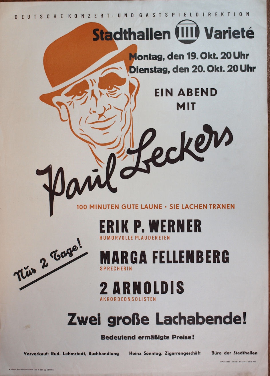 Plakat/Kultur &quot;Ein Abend mit Paul Leckers&quot;, DDR, Weißenfels 1953 (Museum Weißenfels - Schloss Neu-Augustusburg CC BY-NC-SA)