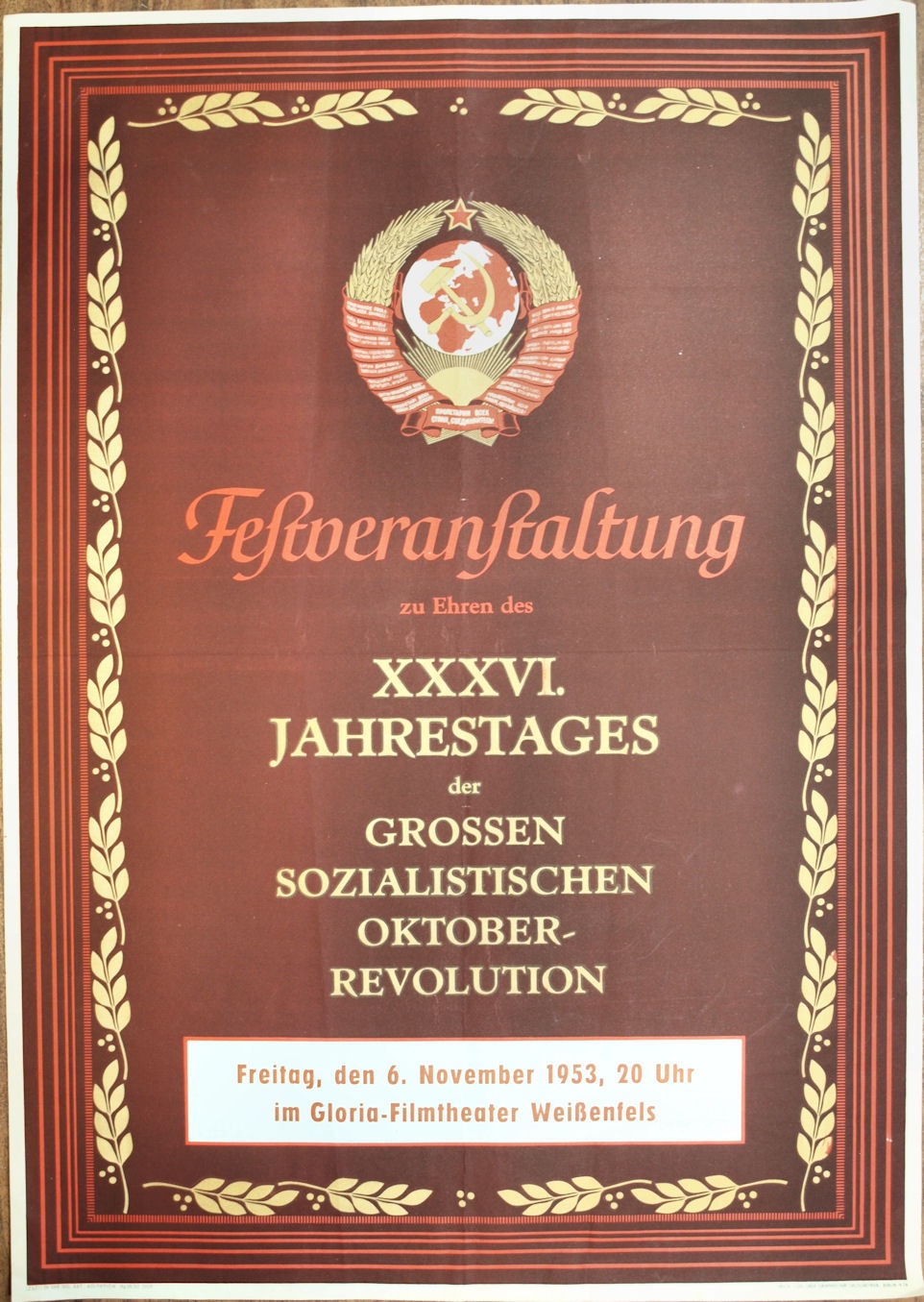 Plakat/ Propaganda &quot;Festveranstaltung zu Ehren des...&quot;, DDR, Weißenfels 1953 (Museum Weißenfels - Schloss Neu-Augustusburg CC BY-NC-SA)