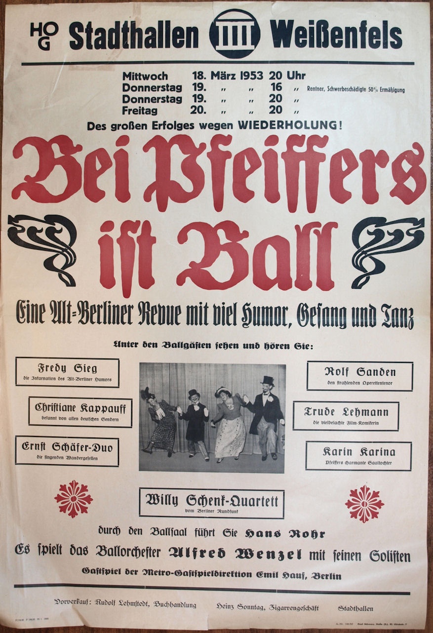 Plakat/ Kultur &quot;Bei Pfeiffers ist Ball&quot;, DDR, Weißenfels 1953 (Museum Weißenfels - Schloss Neu-Augustusburg CC BY-NC-SA)