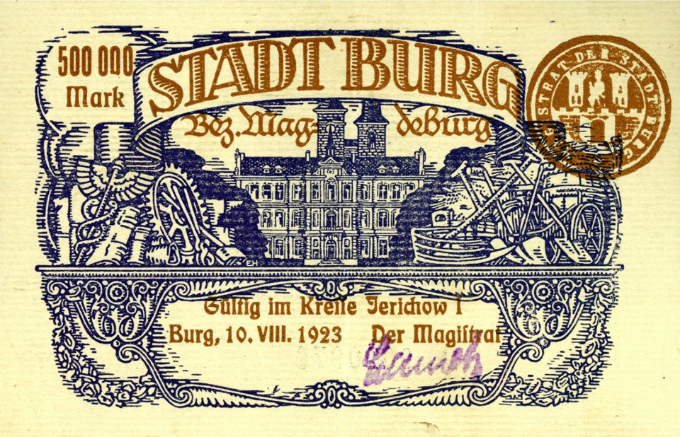 Notgeldschein der Stadt Burg (500.000 Mark) (Kulturstiftung Sachsen-Anhalt CC BY-NC-SA)