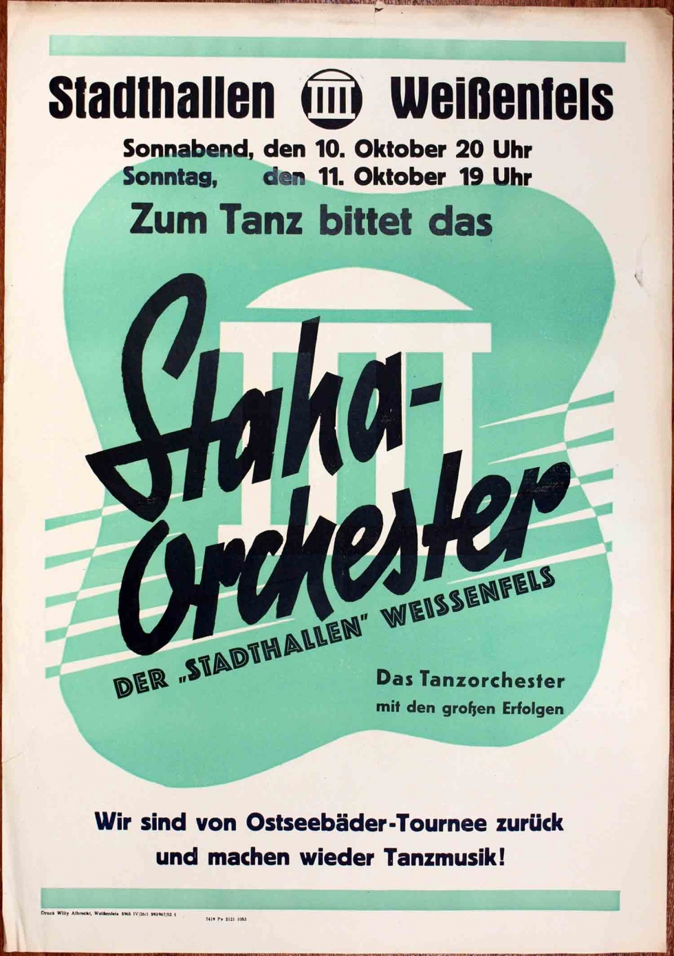 Plakat/ Kultur &quot;Staha- Orchester&quot;, DDR, Weißenfels 1952 (Museum Weißenfels - Schloss Neu-Augustusburg CC BY-NC-SA)