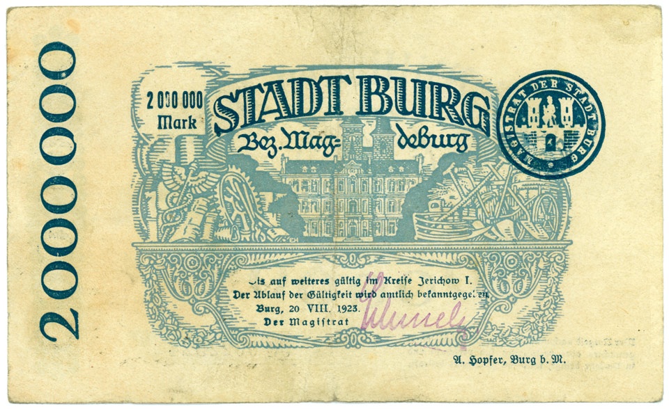 Notgeldschein der Stadt Burg (2.000.000 Mark) (Kulturstiftung Sachsen-Anhalt CC BY-NC-SA)