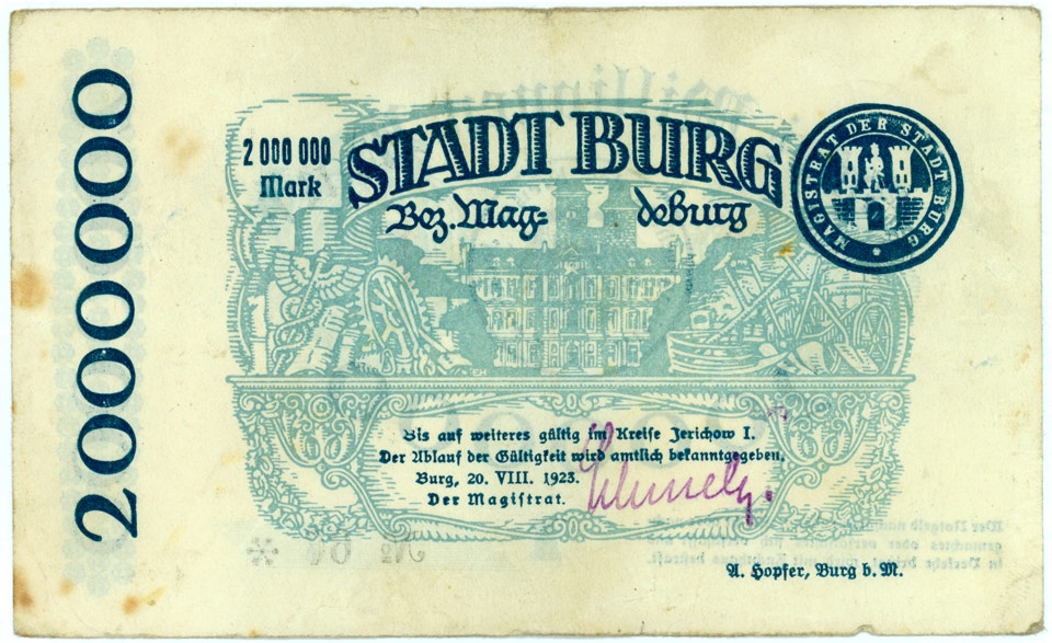 Notgeldschein der Stadt Burg (2.000.000 Mark) (Kulturstiftung Sachsen-Anhalt CC BY-NC-SA)