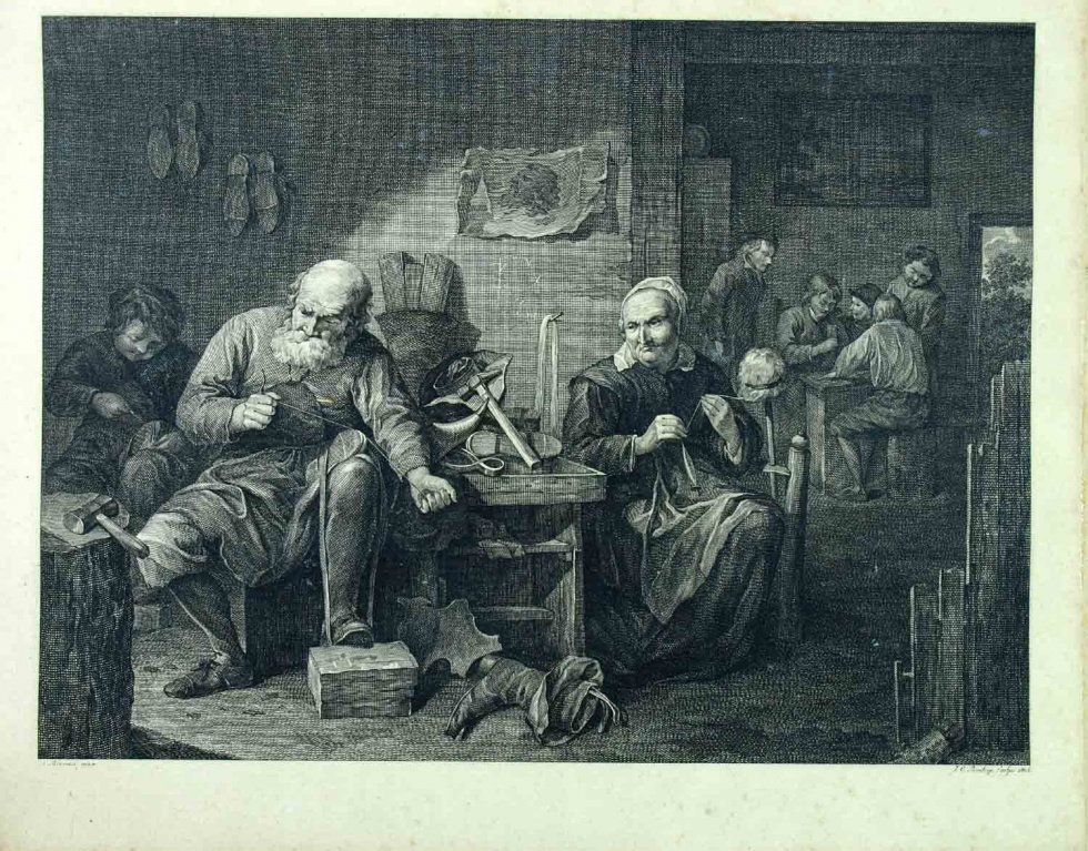 &quot; Blick in eine Schuhmacherwerkstatt&quot;, Kupferstich von J. C. Bendorp, nach A. Brouwer, 1805 (Museum Weißenfels - Schloss Neu-Augustusburg CC BY-NC-SA)