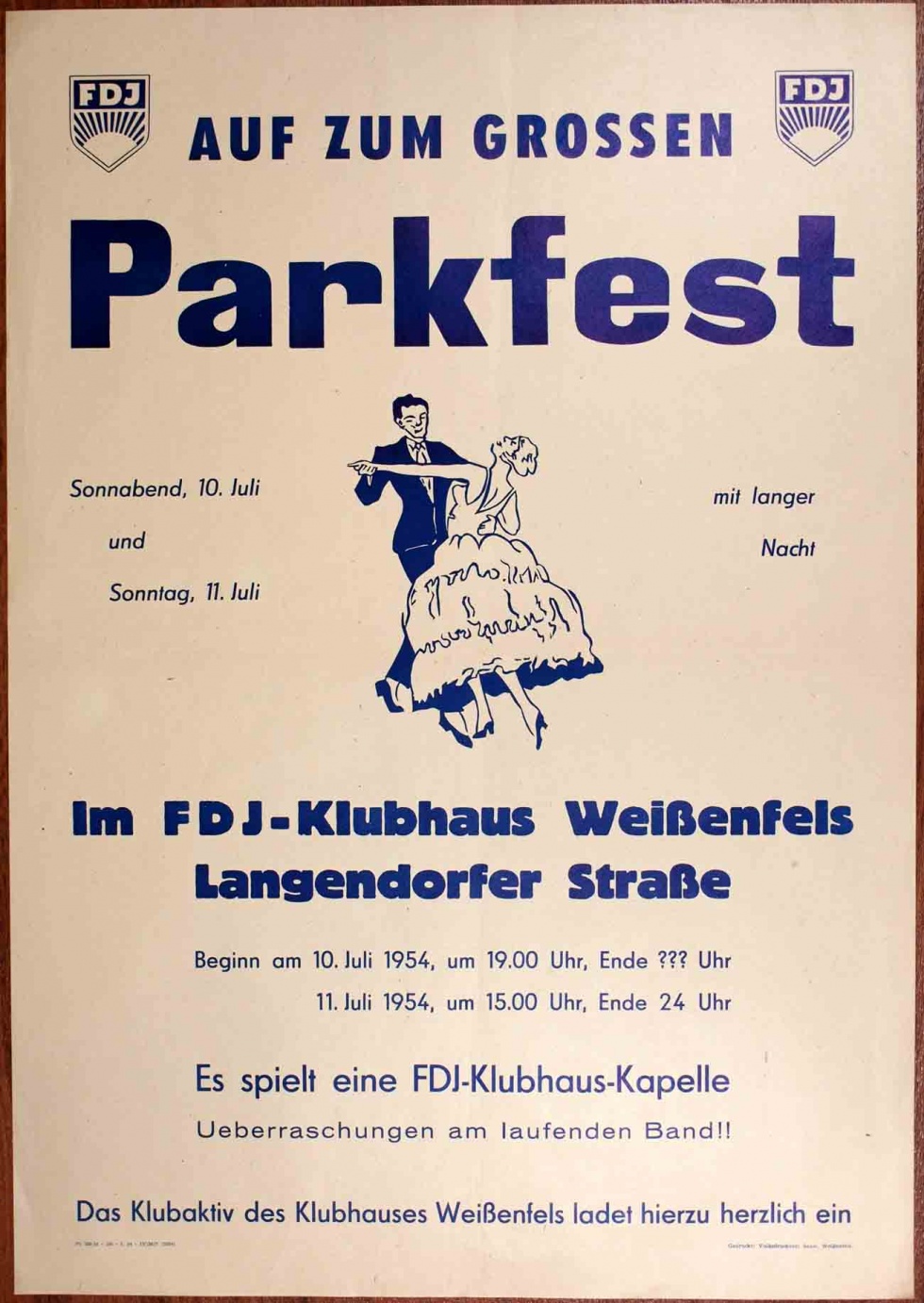 Plakat/Kultur/ Propaganda &quot;Auf zum großen Parkfest&quot;, DDR, Weißenfels 1954 (Museum Weißenfels - Schloss Neu-Augustusburg CC BY-NC-SA)