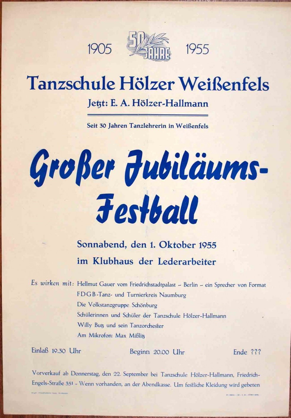 Plakat/Kultur &quot;Großer Jubiläums-Festball&quot;, DDR, Weißenfels 1955 (Museum Weißenfels - Schloss Neu-Augustusburg CC BY-NC-SA)