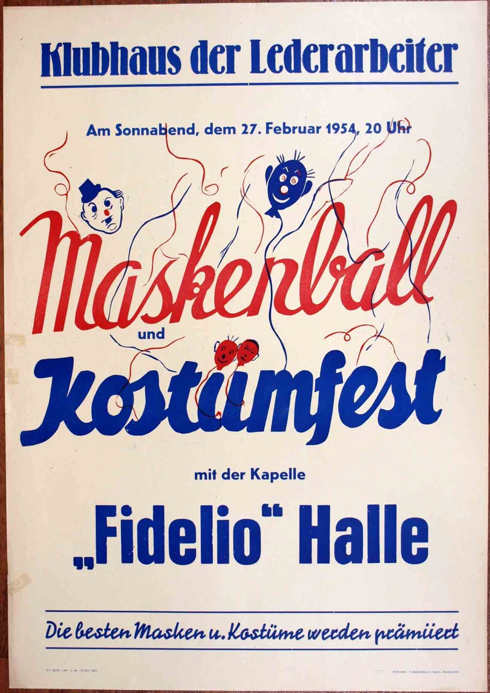 Plakat/Kultur &quot;Maskenball und Kostümfest&quot;, DDR, Weißenfels 1954 (Museum Weißenfels - Schloss Neu-Augustusburg CC BY-NC-SA)