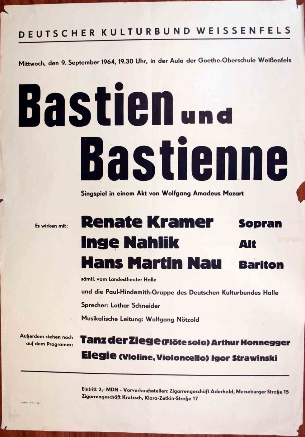 Plakat/Kultur &quot;Bastien und Bastienne&quot;, DDR, Weißenfels 1964 (Museum Weißenfels - Schloss Neu-Augustusburg CC BY-NC-SA)