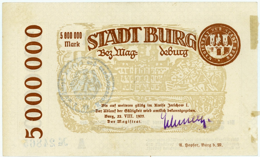 Notgeldschein der Stadt Burg (5.000.000 Mark) (Kulturstiftung Sachsen-Anhalt CC BY-NC-SA)