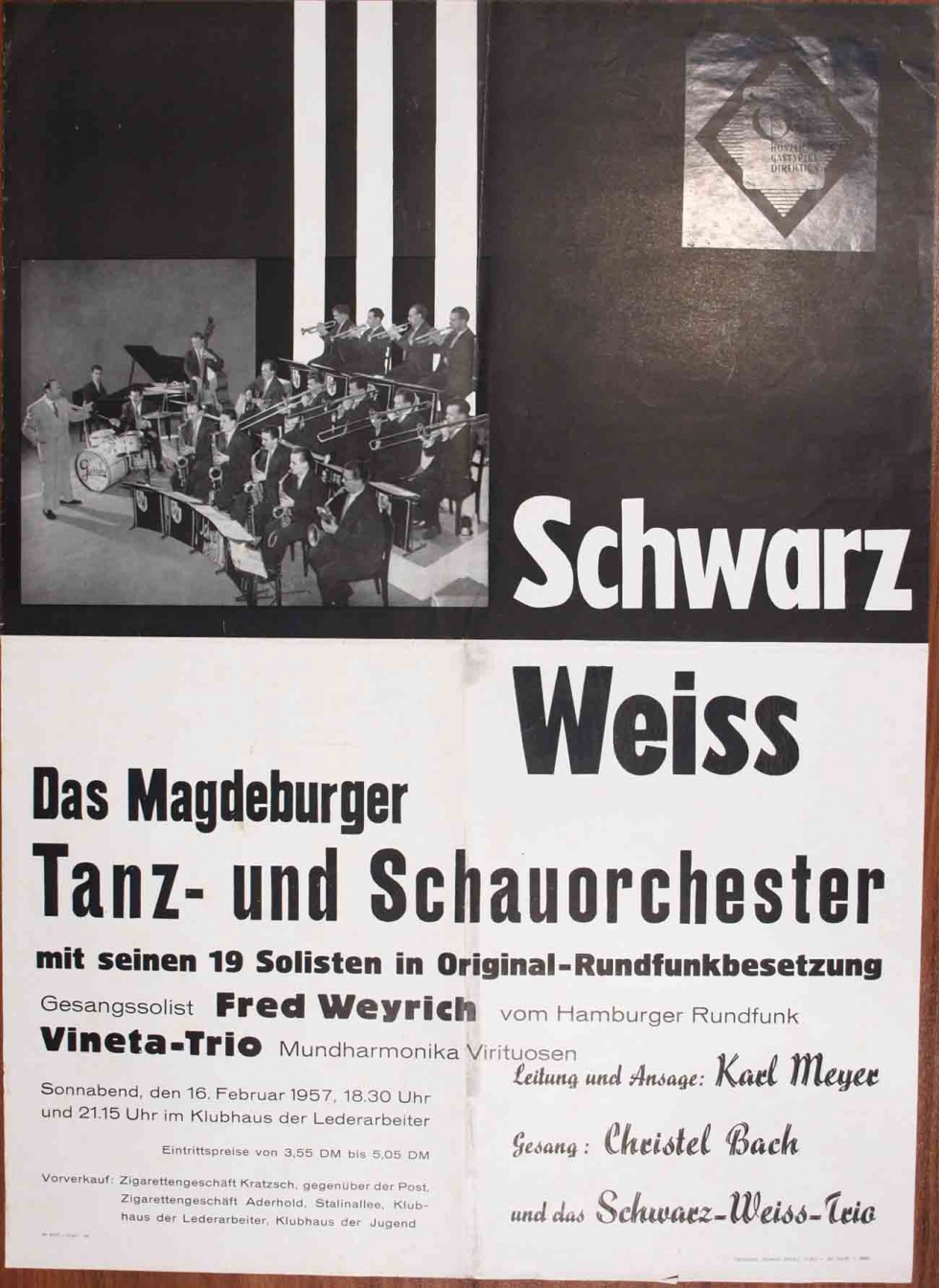 Plakat/Kultur &quot;Tanz- und Schauorchester Schwarz-Weiß&quot;,DDR, Weißenfels 1957 (Museum Weißenfels - Schloss Neu-Augustusburg CC BY-NC-SA)