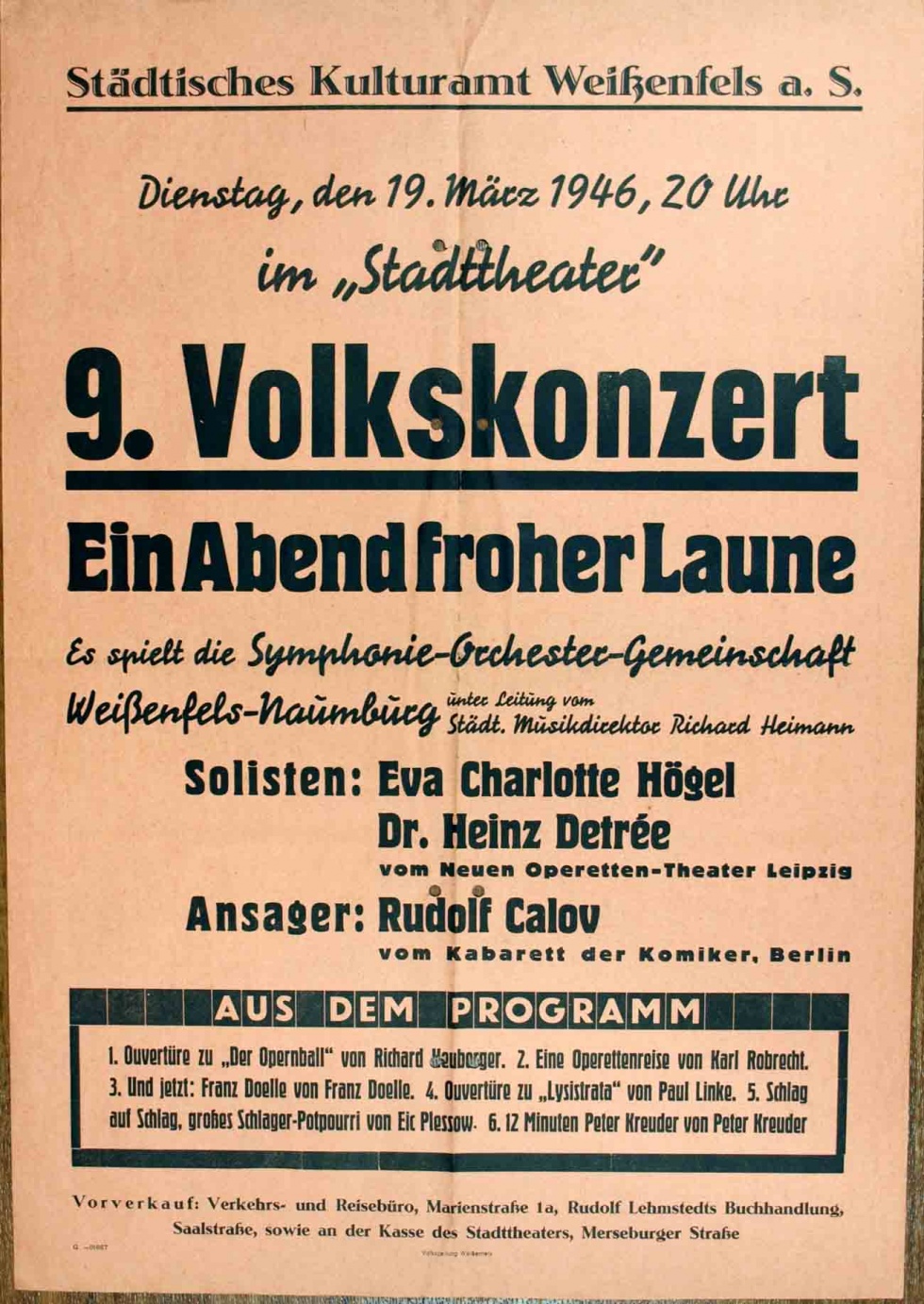 Plakat/Kultur &quot;9. Volkskonzert&quot;, Nachkriegszeit, Weißenfels 1946 (Museum Weißenfels - Schloss Neu-Augustusburg CC BY-NC-SA)
