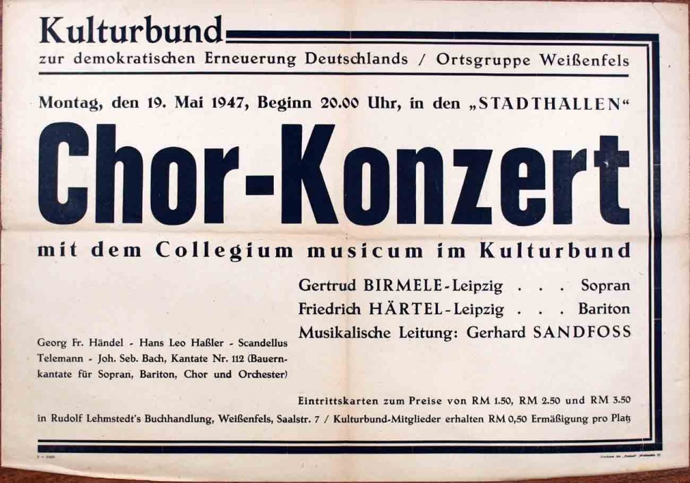 Plakat/Kultur &quot;Chor-Konzert&quot;, Nachkriegszeit, Weißenfels 1947 (Museum Weißenfels - Schloss Neu-Augustusburg CC BY-NC-SA)