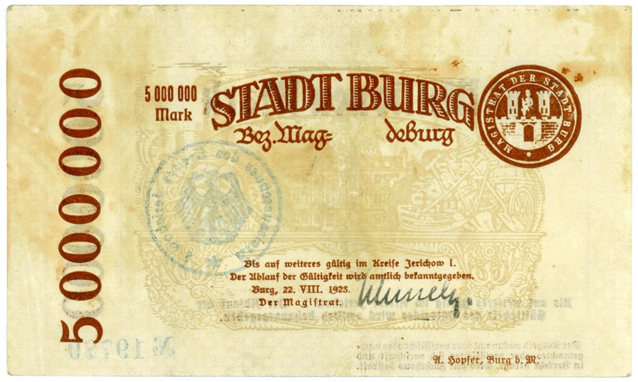 Notgeldschein der Stadt Burg (5.000.000 Mark) (Kulturstiftung Sachsen-Anhalt CC BY-NC-SA)