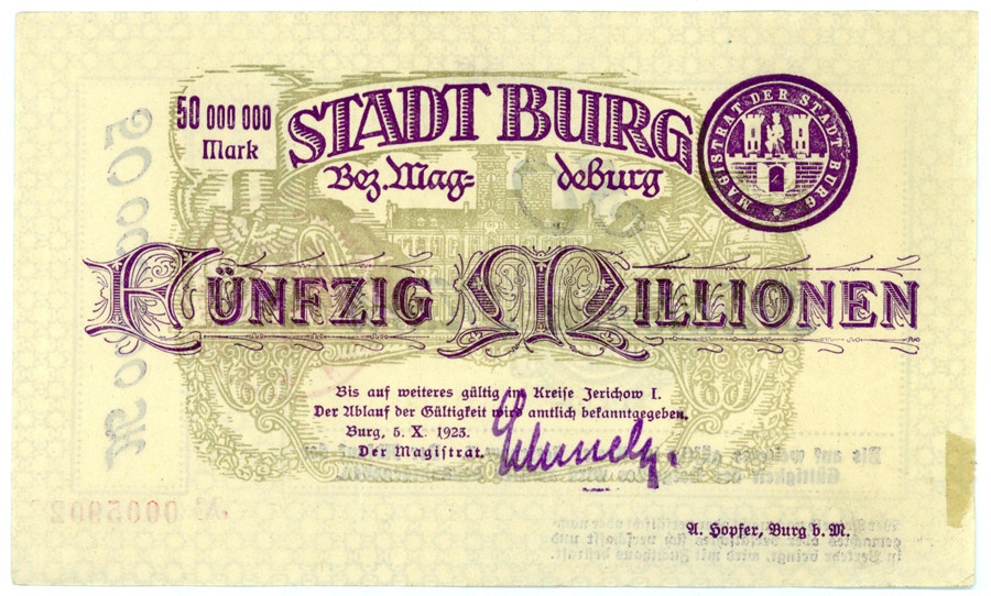 Notgeldschein der Stadt Burg (50.000.000 Mark) (Kulturstiftung Sachsen-Anhalt CC BY-NC-SA)