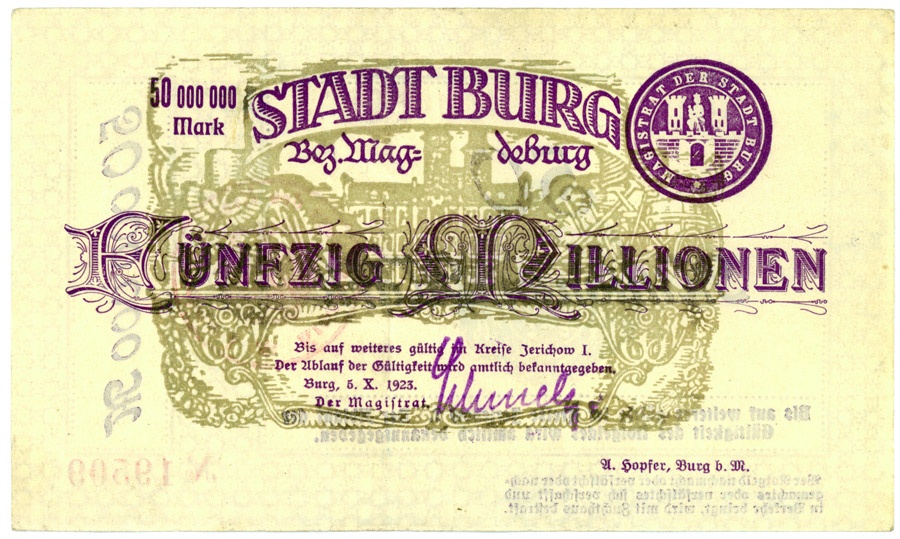 Notgeldschein der Stadt Burg (50.000.000 Mark) (Kulturstiftung Sachsen-Anhalt CC BY-NC-SA)