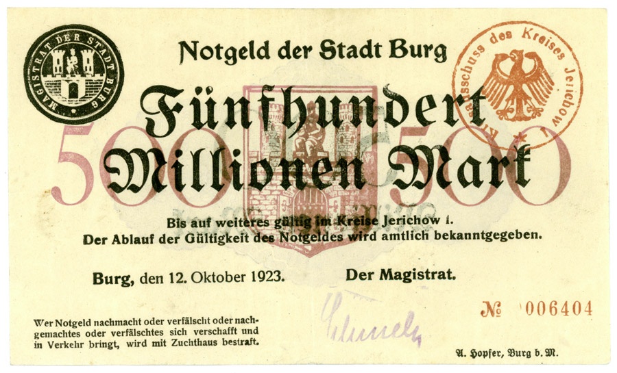 Notgeldschein der Stadt Burg (500 Millionen Mark) (Kulturstiftung Sachsen-Anhalt CC BY-NC-SA)