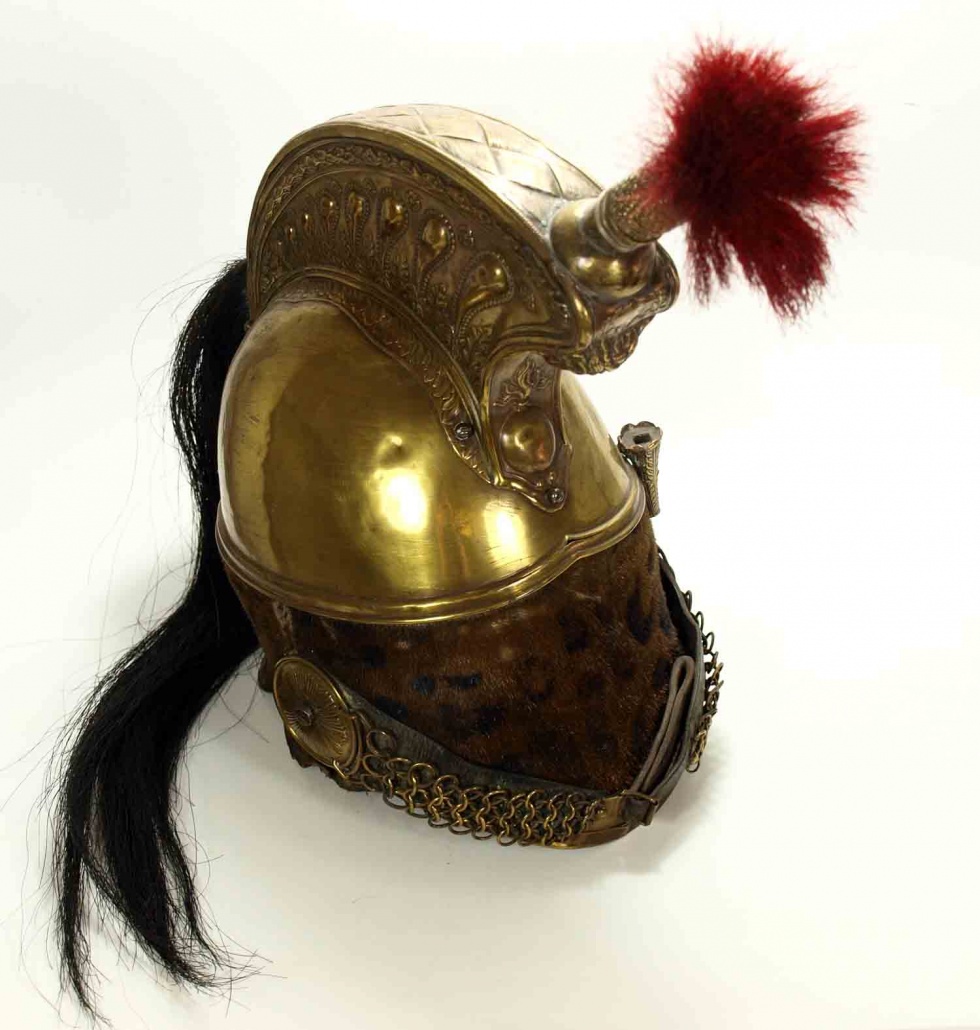 Helm für Mannschaften der Kürassierregimenter, Stadtgarde?, Frankreich, Mitte 19. Jahrhundert (Museum Weißenfels - Schloss Neu-Augustusburg CC BY-NC-SA)