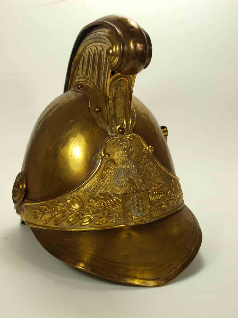 Helm für Sapeurs de Pomiers (Feuerwehr) der Stadt Paris, Frankreich, 2. Hälfte 19. Jahrhundert (Museum Weißenfels - Schloss Neu-Augustusburg CC BY-NC-SA)