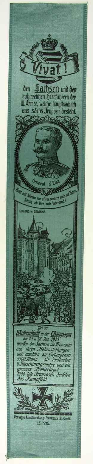 Vivatband auf ruhmreichen Sachsen bei der Winterschlacht in der Champagne am 25. und 26. Januar 1915, 1. Weltkrieg (Museum Weißenfels - Schloss Neu-Augustusburg CC BY-NC-SA)