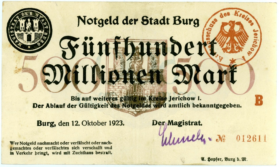 Schein der Hochinflation Stadt Burg, 500 Millionen Mark (Kulturstiftung Sachsen-Anhalt CC BY-NC-SA)