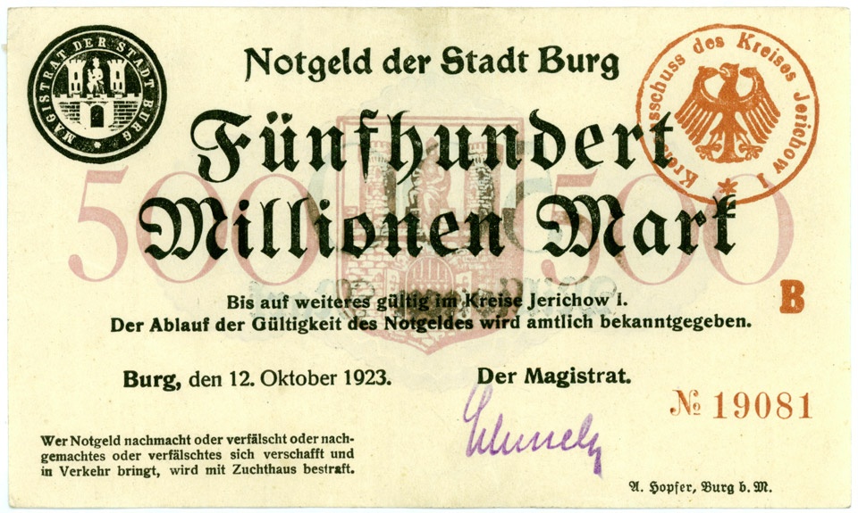Schein der Hochinflation Stadt Burg, 500 Millionen Mark (Kulturstiftung Sachsen-Anhalt CC BY-NC-SA)