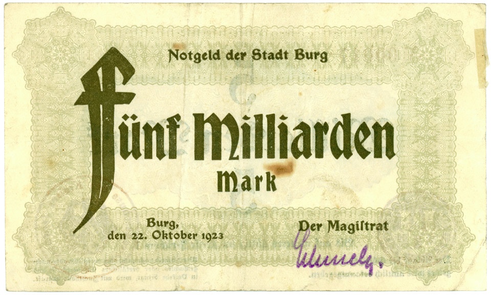 Schein der Hochinflation Stadt Burg, 5 Milliarden Mark (Kulturstiftung Sachsen-Anhalt CC BY-NC-SA)
