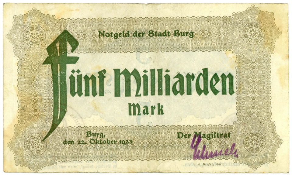 Schein der Hochinflation Stadt Burg, 5 Milliarden Mark (Kulturstiftung Sachsen-Anhalt CC BY-NC-SA)
