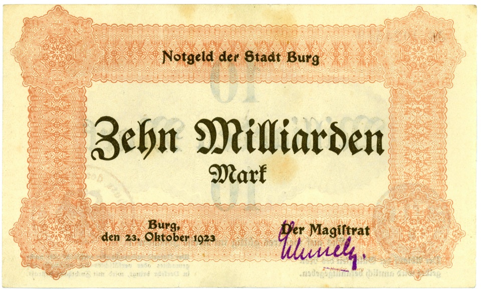 Schein der Hochinflation Stadt Burg, 10 Milliarden Mark (Kulturstiftung Sachsen-Anhalt CC BY-NC-SA)