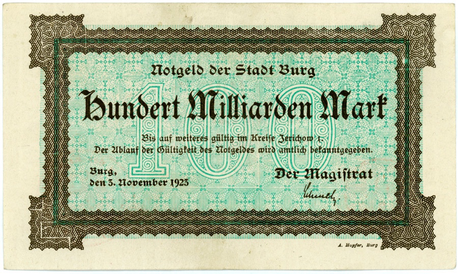 Schein der Hochinflation Stadt Burg, 100 Milliarden Mark (Kulturstiftung Sachsen-Anhalt CC BY-NC-SA)