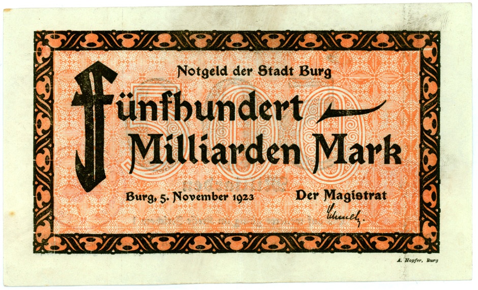 Schein der Hochinflation Stadt Burg, 500 Milliarden Mark (Kulturstiftung Sachsen-Anhalt CC BY-NC-SA)