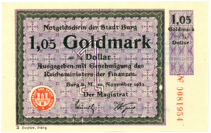 Wertbeständiges Notgeld der Stadt Burg 1,05 Goldmark (Kulturstiftung Sachsen-Anhalt CC BY-NC-SA)