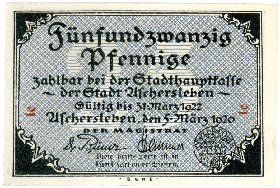 Kleingeldschein Stadt Aschersleben (25 Pfennig) (Kulturstiftung Sachsen-Anhalt CC BY-NC-SA)