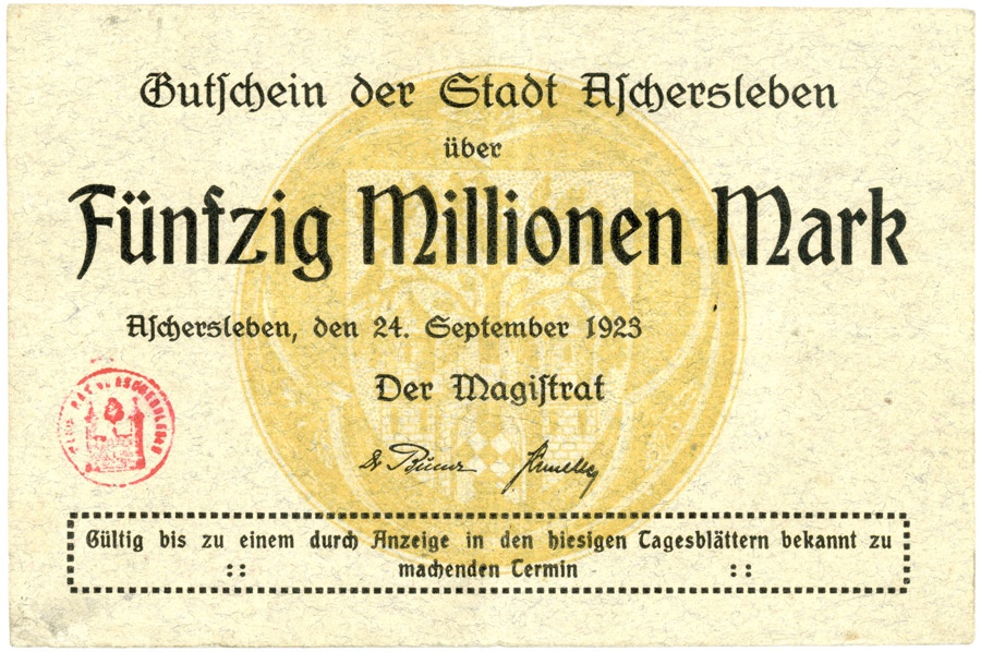Schein der Hochinflation Stadt Aschersleben (50 Millionen Mark) (Kulturstiftung Sachsen-Anhalt CC BY-NC-SA)