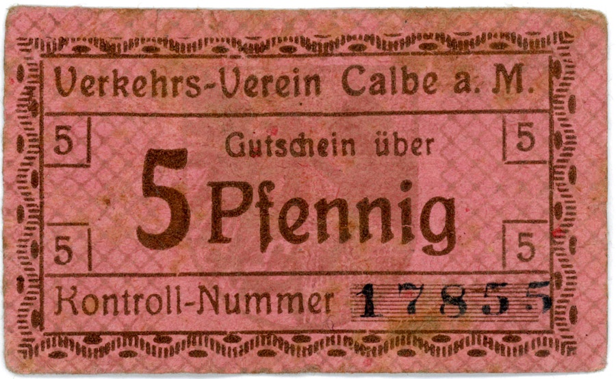 Gutschein Stadt Calbe a.d. Milde (5 Pfennig) (Kulturstiftung Sachsen-Anhalt CC BY-NC-SA)