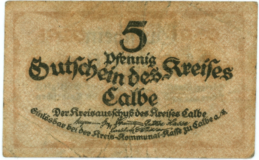 Gutschein Kreis Calbe a.d. Milde (5 Pfennig) (Kulturstiftung Sachsen-Anhalt CC BY-NC-SA)