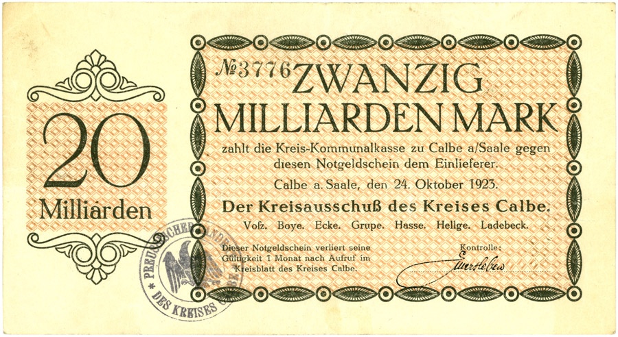 Schein der Hochinflation Kreis Calbe a.d. Saale (20 Milliarden Mark) (Kulturstiftung Sachsen-Anhalt CC BY-NC-SA)