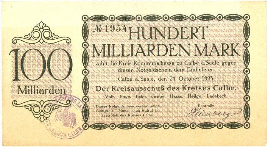 Schein der Hochinflation Kreis Calbe a.d. Saale (100 Milliarden Mark) (Kulturstiftung Sachsen-Anhalt CC BY-NC-SA)