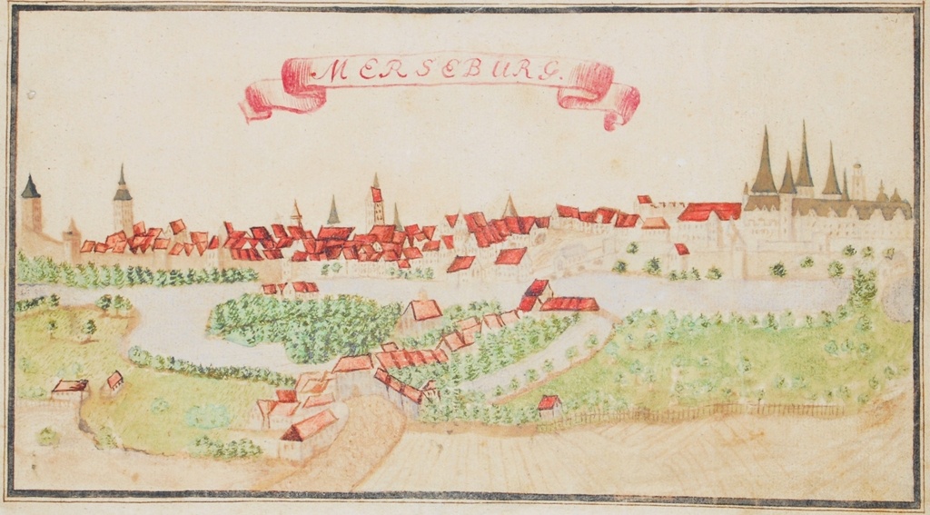 Federzeichnung - Ansicht der Stadt Merseburg von Osten (Kulturhistorisches Museum Schloss Merseburg CC BY-NC-SA)