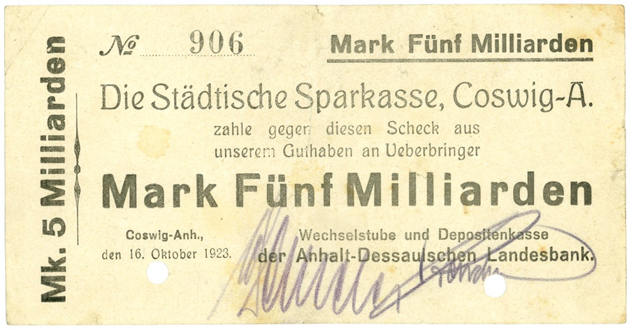 Schein der Hochinflation Coswig-Anhalt (5 Milliarden Mark) (Kulturstiftung Sachsen-Anhalt CC BY-NC-SA)