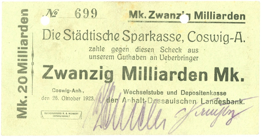 Schein der Hochinflation Coswig-Anhalt (20 Milliarden Mark) (Kulturstiftung Sachsen-Anhalt CC BY-NC-SA)