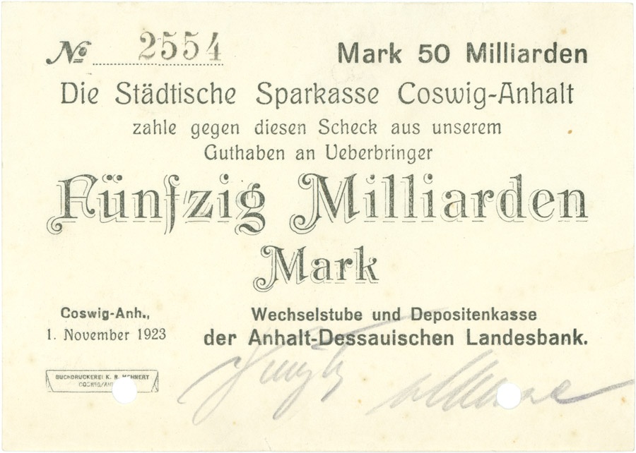 Schein der Hochinflation Coswig-Anhalt (50 Milliarden Mark) (Kulturstiftung Sachsen-Anhalt CC BY-NC-SA)