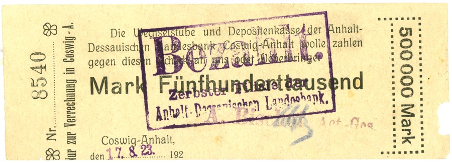 Schein der Hochinflation Coswig-Anhalt (500.000 Mark) (Kulturstiftung Sachsen-Anhalt CC BY-NC-SA)