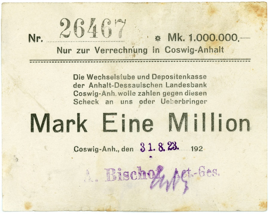 Schein der Hochinflation Coswig-Anhalt (1.000.000 Mark) (Kulturstiftung Sachsen-Anhalt CC BY-NC-SA)