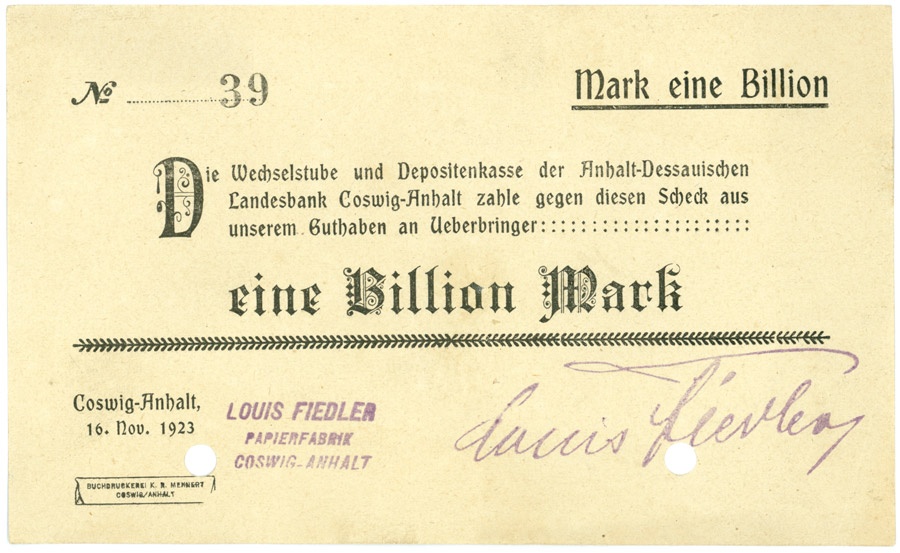 Schein der Hochinflation Coswig-Anhalt (1 Billion Mark) (Kulturstiftung Sachsen-Anhalt CC BY-NC-SA)