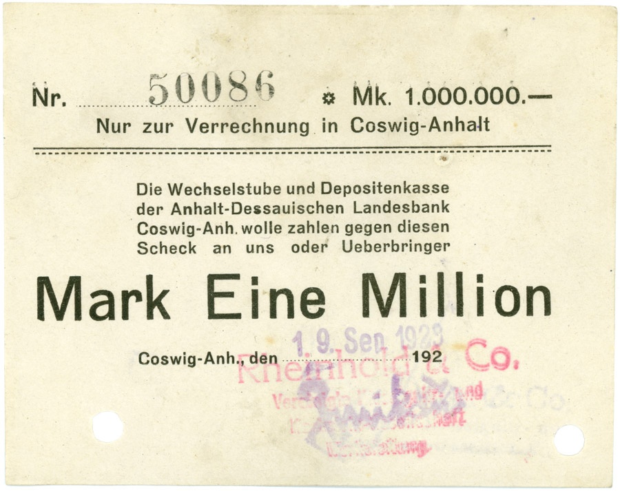 Schein der Hochinflation Coswig-Anhalt (1.000.000 Mark) (Kulturstiftung Sachsen-Anhalt CC BY-NC-SA)