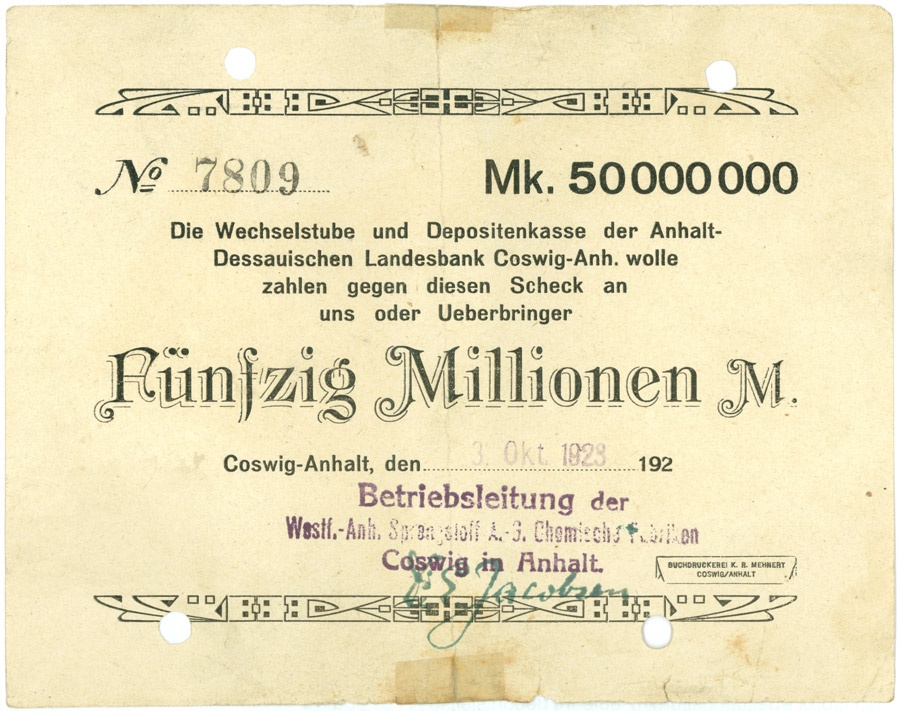 Schein der Hochinflation Coswig-Anhalt (50.000.000 Mark) (Kulturstiftung Sachsen-Anhalt CC BY-NC-SA)