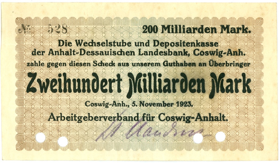 Schein (Scheck) der Hochinflation Coswig-Anhalt (200.000.000 Mark) (Kulturstiftung Sachsen-Anhalt CC BY-NC-SA)