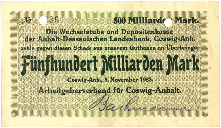 Schein (Scheck) der Hochinflation Coswig-Anhalt (500 Milliarden Mark) (Kulturstiftung Sachsen-Anhalt CC BY-NC-SA)