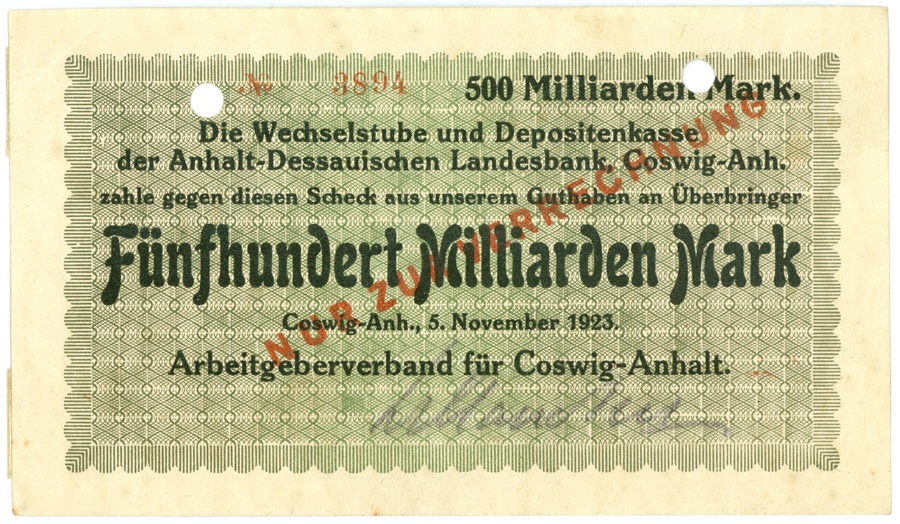 Schein (Scheck) der Hochinflation Coswig-Anhalt (500 Milliarden Mark) (Kulturstiftung Sachsen-Anhalt CC BY-NC-SA)
