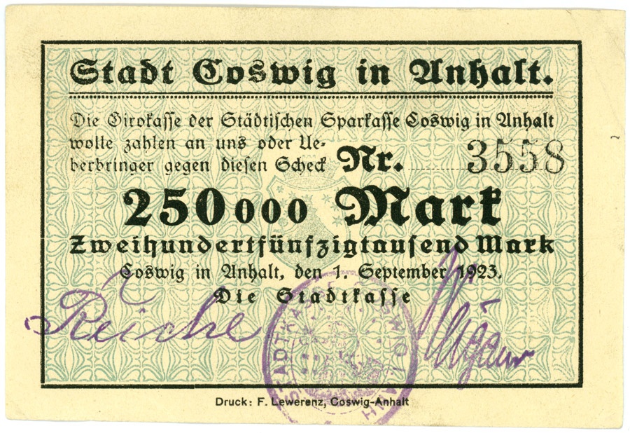 Schein (Scheck) der Hochinflation Coswig-Anhalt (250.000 Mark) (Kulturstiftung Sachsen-Anhalt CC BY-NC-SA)